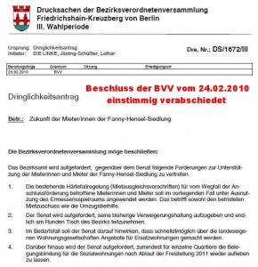 Einstimmiger Beschluss der BVV vom 24-Feb-10